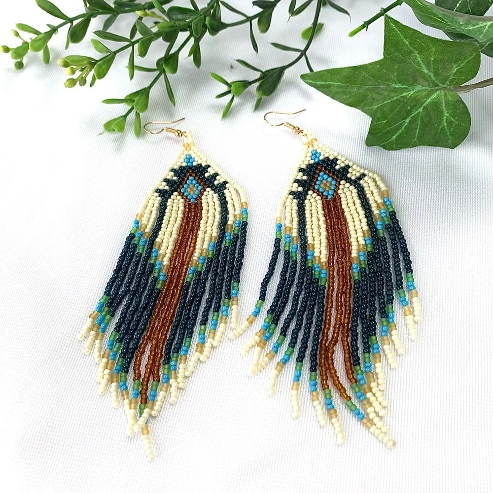 Gypsy Boho Beaded Tassel Drop Earrings Southwestern Tribal - Picture 4 of 8